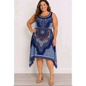 Studio One New York 18W Blue Paisley Handkerchief Hem Beaded Sleeveless Dress